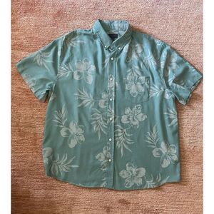 Magaschoni Man Green Floral Hawaiian Linen Blend Button Down Shirt XL